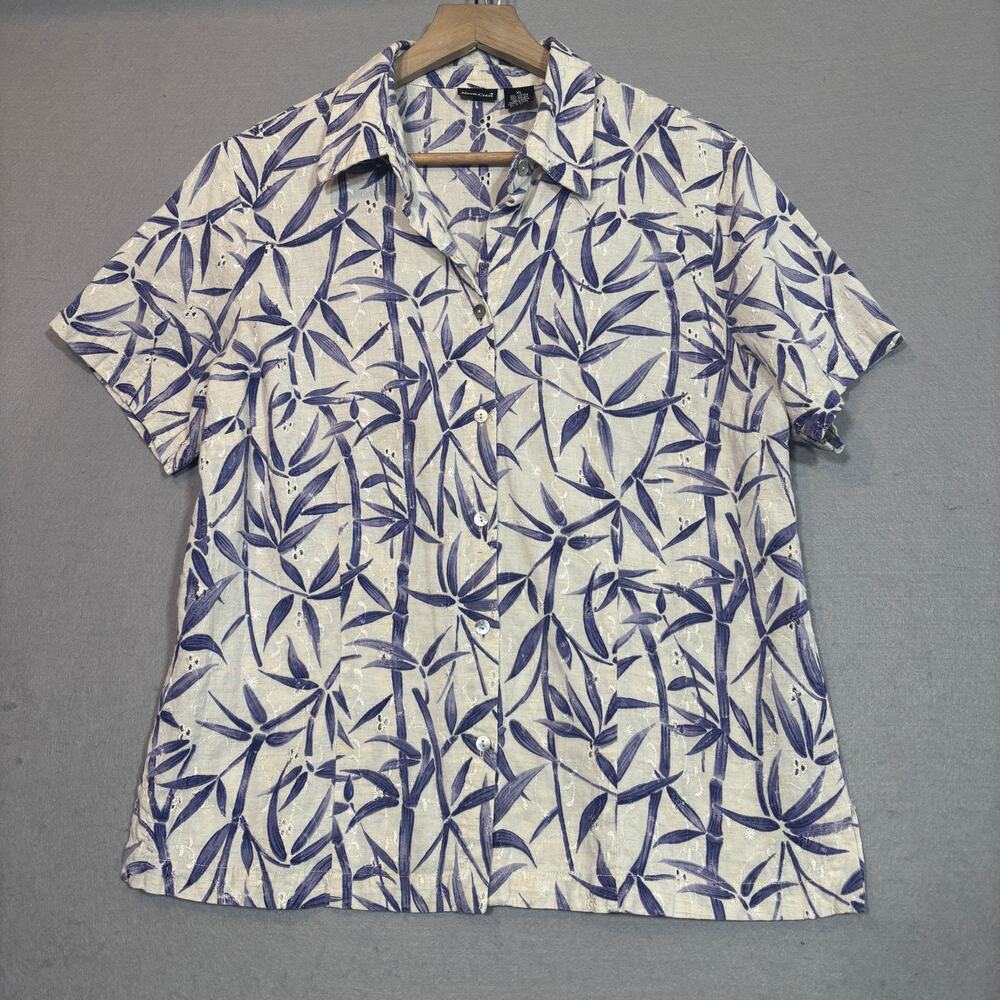 NorthCrest Womens Linen Blend Shirt XL‎ Purple Leaf Button Tropical Cottagecore